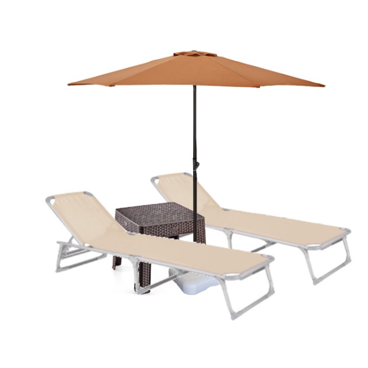 Set 2 sezlonguri pliabile CULINARO 188x56cm cadru metalic cu profil ingust bej+masa cafea+umbrela 250cm orange cu suport