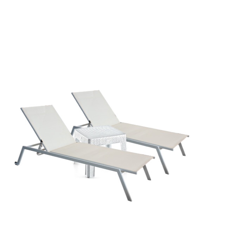 Set 2 sezlonguri CULINARO 4 pozitii cu roti deplasare 70x197,5xh34,5 bej+masa alba