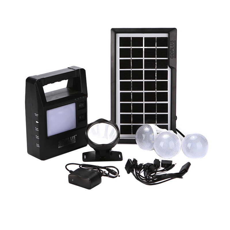 Kit solar voltaic portabil Gdplus, USB, 3 becuri, acumulator reincarcabil, functie incarcare