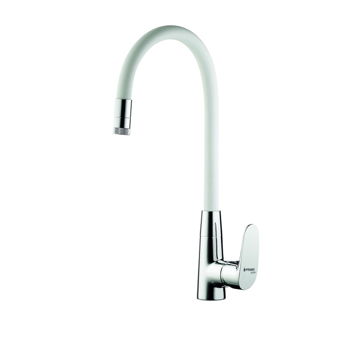 Baterie bucatarie Pyramis ELVIRA, mono comanda, pipa elastica, finisaj alb