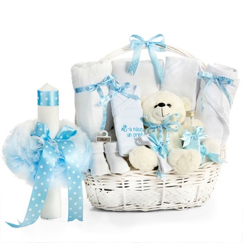 Cos cadou Botez Little Baby- Lumanare si Trusou Botez, cadou Nasi, 12 Piese Cos cadou Botez Little Baby- Lumanare si Trusou Botez, cadou Nasi, 12 Piese