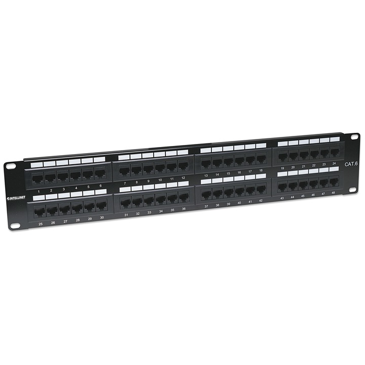 Пач панел Intellinet 560283 STP, категория 6, 48 порта, RJ-45 конектор, черен