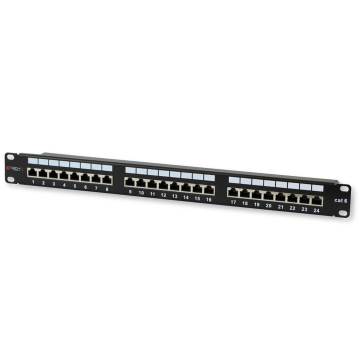 Patch Panel 19" cat6 FTP 24 porturi x RJ45, suport de cabluri integrat, complet ecranat - Gigabit, Techly Professional, I-PP 24-RS-C6T
