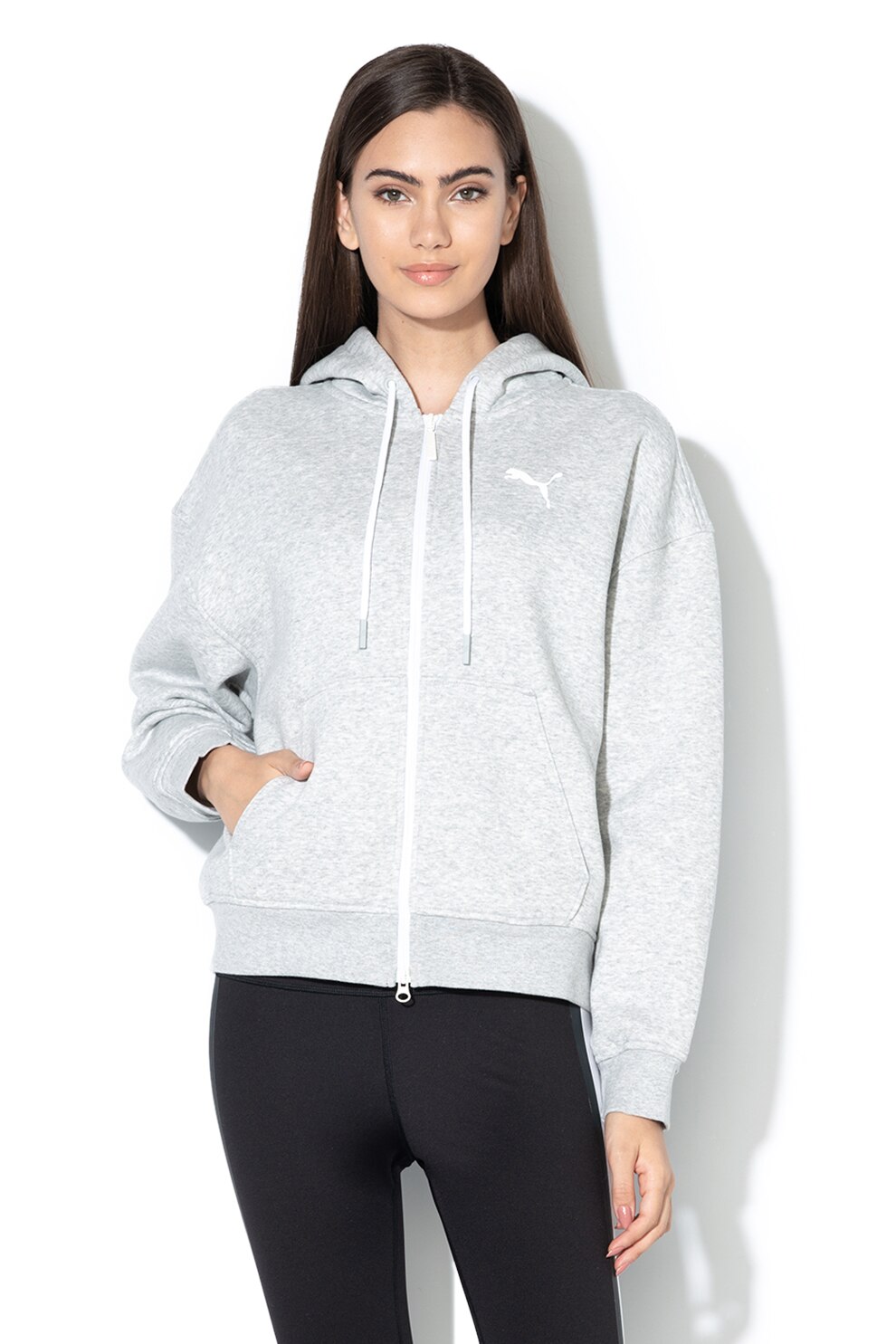 Puma, Hanorac cu aplicatie pe partea din spate si fermoar, Gri deschis, XS