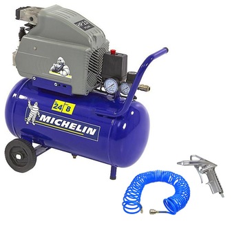 Compresor de aer monofazat profesional MICHELIN MB24 + furtun 10m + pistol de suflat, rezervor 25l, 170 l/min, 1,5kW Compresor de aer monofazat profesional MICHELIN MB24 + furtun 10m + pistol de suflat, rezervor 25l, 170 l/min, 1,5kW
