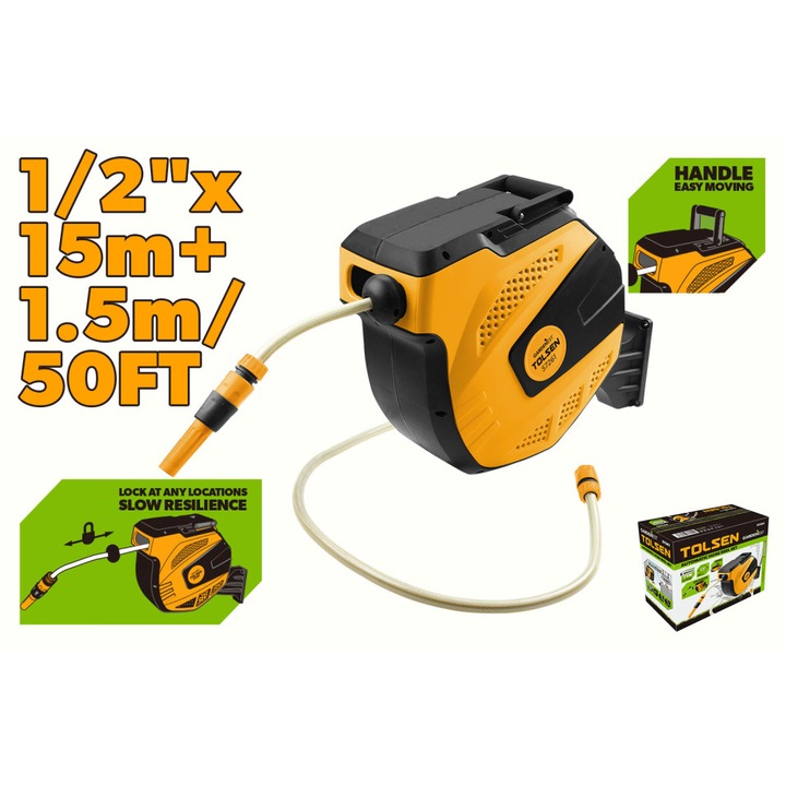 Tambur automat furtun gradina GARDENEST by TOLSEN 1/2" x 15 m + 1.5 m, rulare automata, blocare la orice lungime, retragere lenta, accesorii incluse, montaj usor, compatibil robinete standard, montaj perete, tambur rotativ 180°, Material ABS rezistent UV