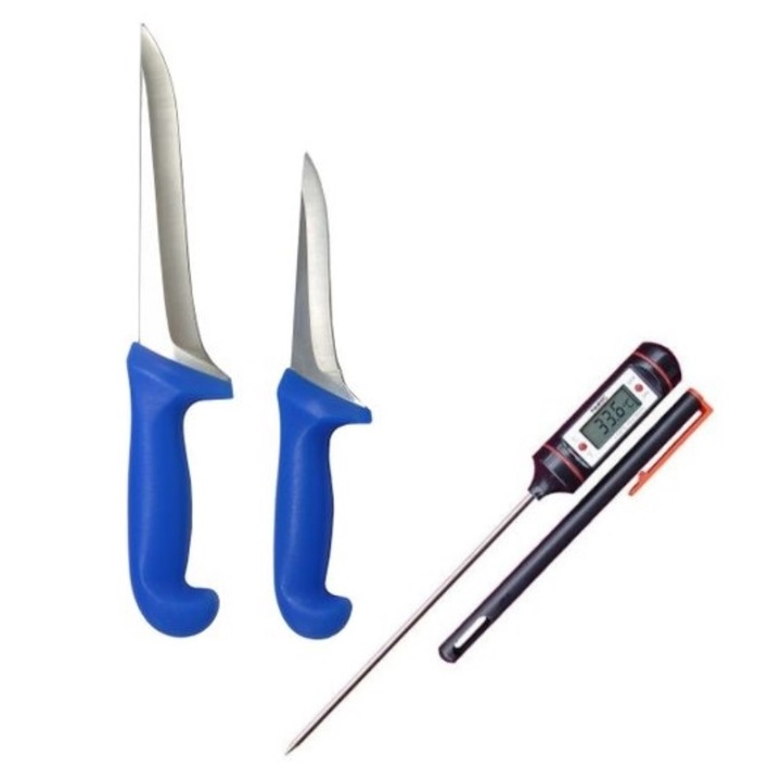 Set 2 cutite macelarie cu maner de plastic, albastru si termometru de bucatarie cu display digital BRT-0143