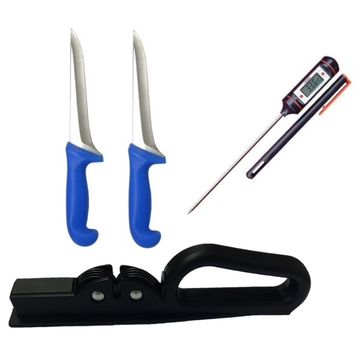 Pachet format din 2 cutite macelarie profesionale cu maner de plastic, albastru, aparat de ascutit cutite din metal si termometru de bucatarie cu display digital BRT-0121