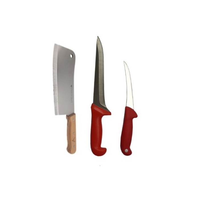 Pachet format din 2 Cutite macelarie profesionale, rosu BRT-2 si un Satar, maner lemn