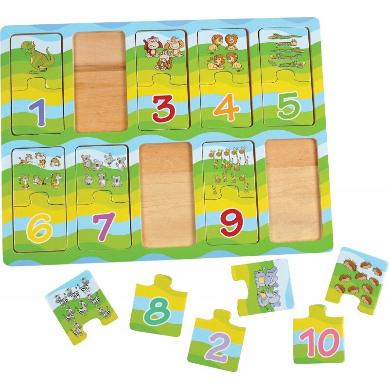 Puzzle, invata numerele cu ajutorul animalelor, Small Foot, verde, lemn, 3 ani+