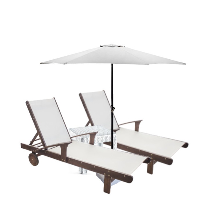 Set 2 sezlonguri lemn textil CULINARO cu brate+masa alba+umbrela 270cm alb cu suport