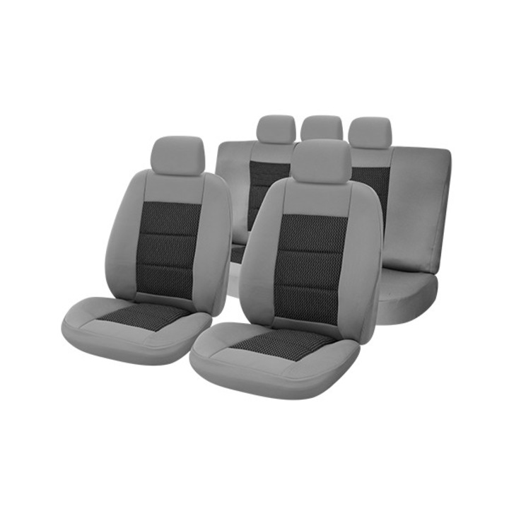 Универсални калъфи за автомобилни седалки, Premium Lux, Текстил, 11 части, Черно/Сиво, UMB-3