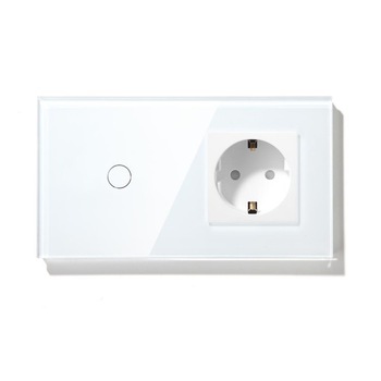 Intrerupator simplu cap scara/cruce + priza simpla cu rama din sticla Intrerupator simplu cap scara/cruce + priza simpla cu rama din sticla