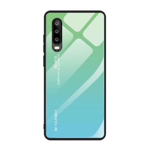 Husa Huawei P30 - Sticla Spate si Margini Silicon, Degrade, Verde/Bleu