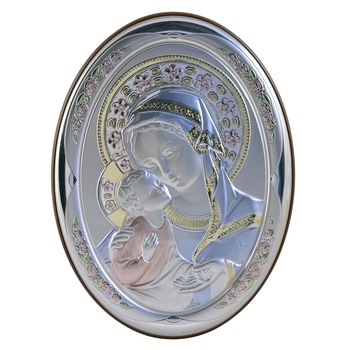 Icoana placata cu argint, pictata manual - Maica si pruncul - Flori roz, oval, finisaj lemn alun, 32x24 cm, 4/5 Icoana placata cu argint, pictata manual - Maica si pruncul - Flori roz, oval, finisaj lemn alun, 32x24 cm, 4/5