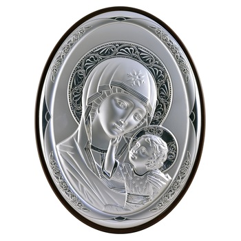 Icoana placata cu argint - Maica si pruncul - Ortodox, oval, finisaj alun, 18,8x13,8 cm, 3/4 Icoana placata cu argint - Maica si pruncul - Ortodox, oval, finisaj alun, 18,8x13,8 cm, 3/4