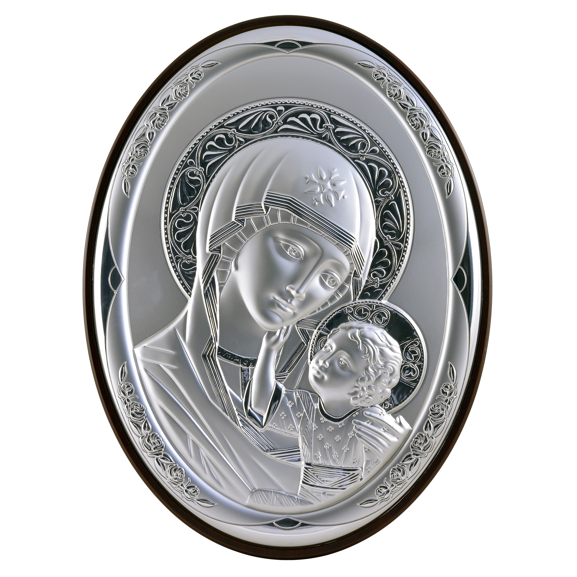 Icoana placata cu argint - Maica si pruncul - Ortodox, oval, furnir, 4/4