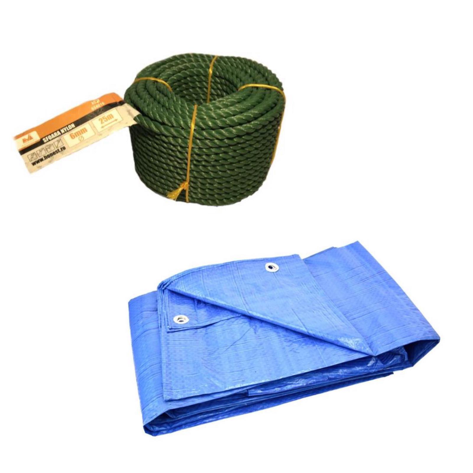 Pachet prelata cu inele rezistenta la apa, 4x5m + Sfoara de nylon Evotools, 6mmx25m