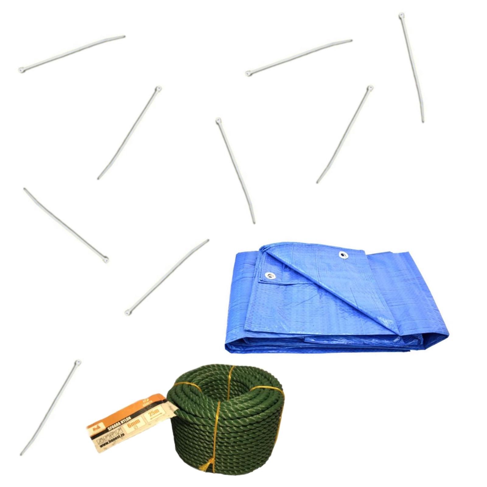 Pachet prelata cu inele rezistenta la apa, 5x6m + Sfoara de nylon Evotools, 6mmx25m + Bride plastic alb, 3.6x200mm, 100 bucati