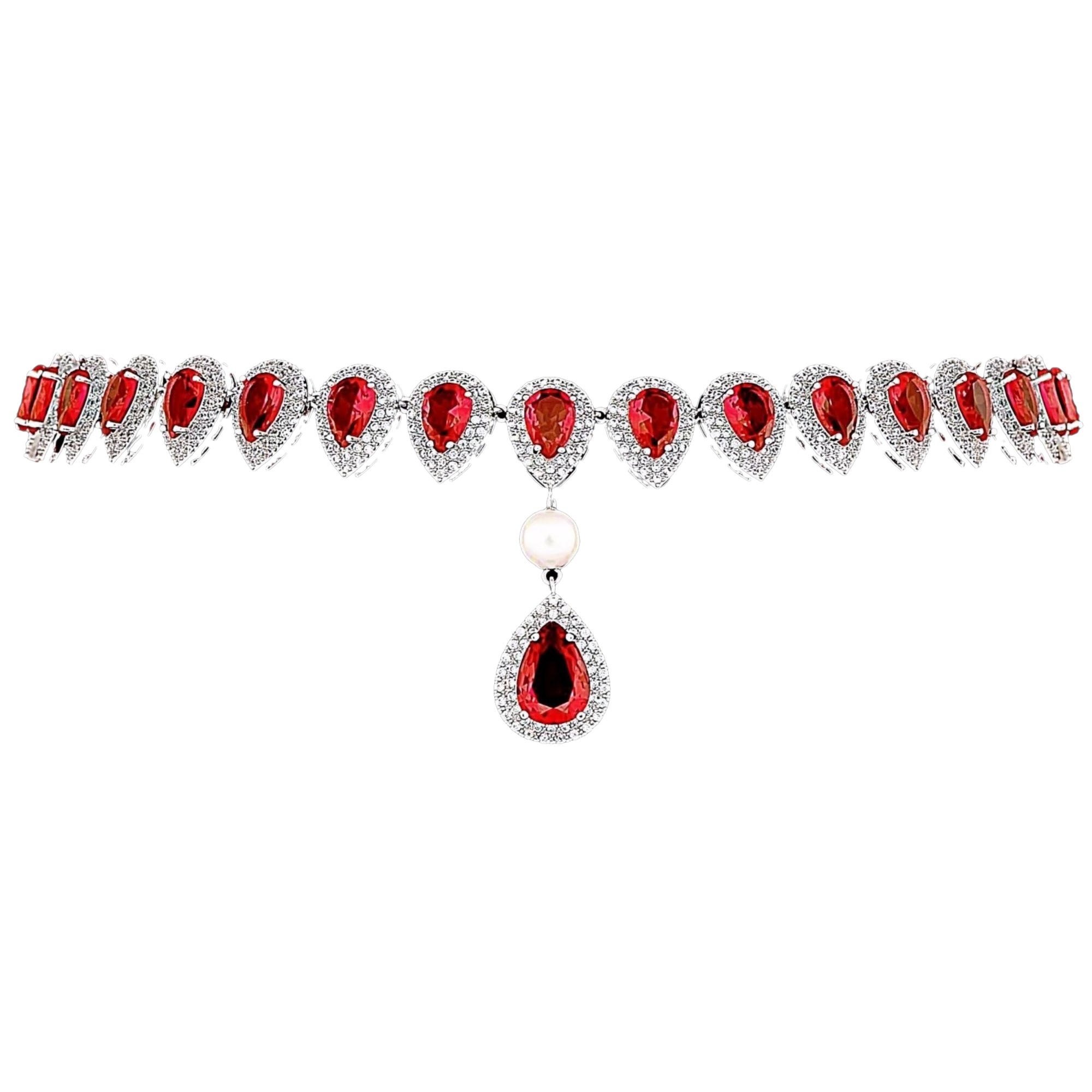 Colier placat cu Aur 18K, Perla si Diamante, Afrodita Pearl Platinum & Red