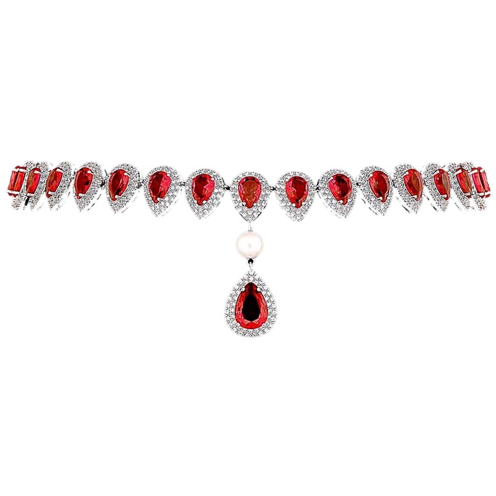 Colier placat cu Aur 18K, Perla si Diamante, Afrodita Pearl Platinum & Red