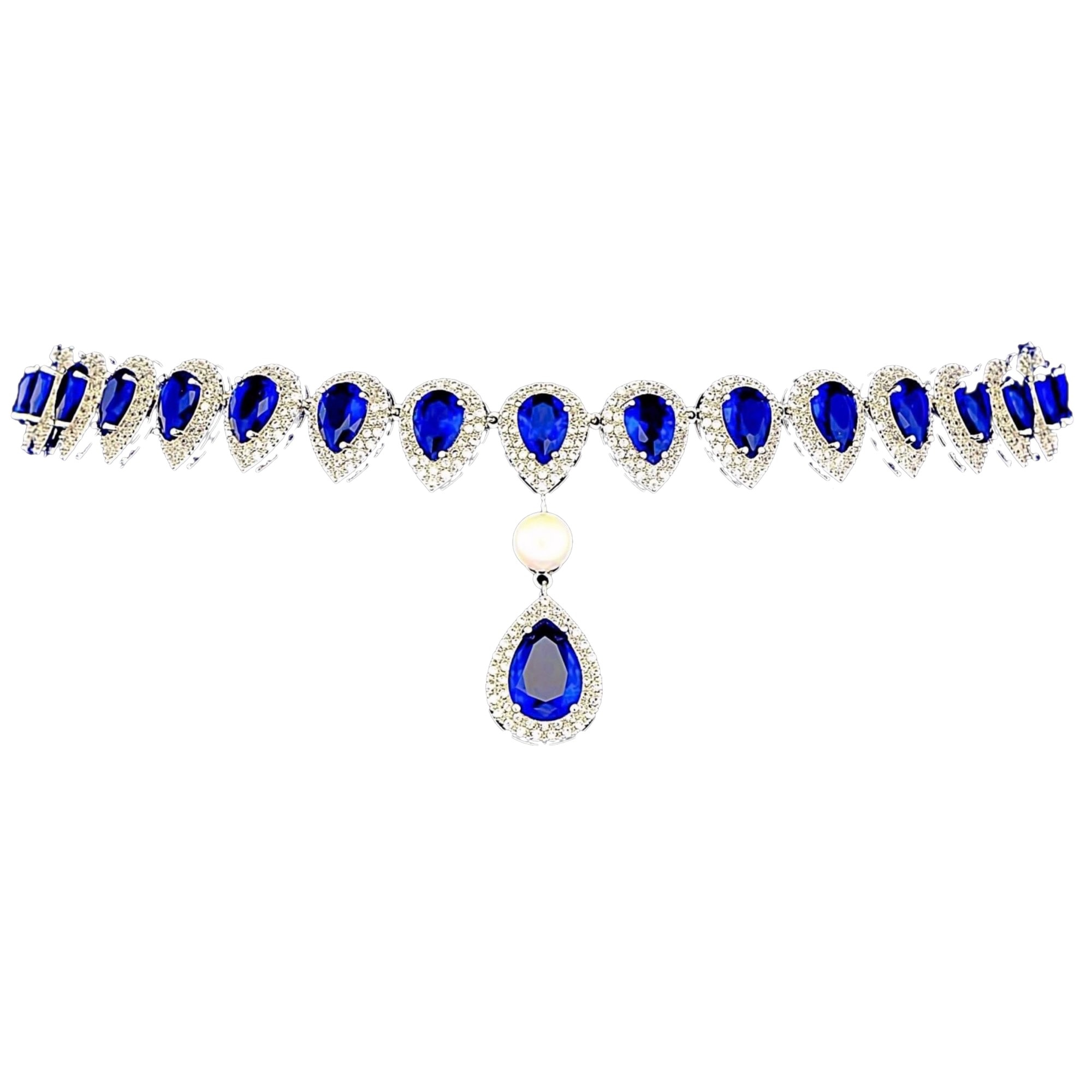 Colier placat cu Aur 18K, Perla si Diamante, Afrodita Pearl Platinum & Blue
