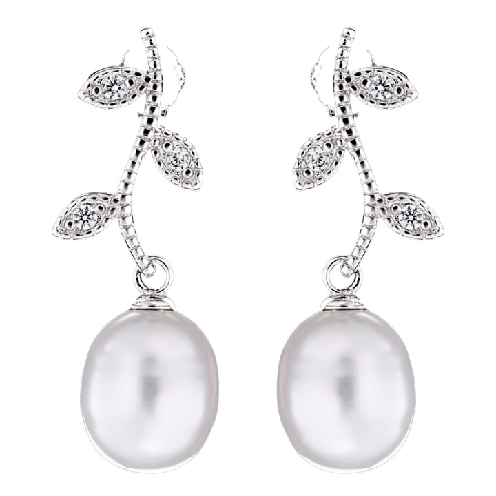 Cercei din Argint 925 cu Perle Naturale si Diamante, Olive