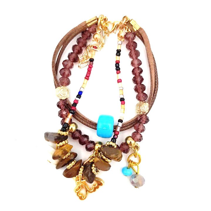 Bratara multipla cu margele maro si bleu,20 cm,reglabila