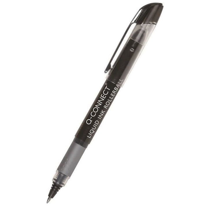 Roller Q-CONNECT, corp cu grip, scriere de 0.5 mm, capac cu clips metal, negru