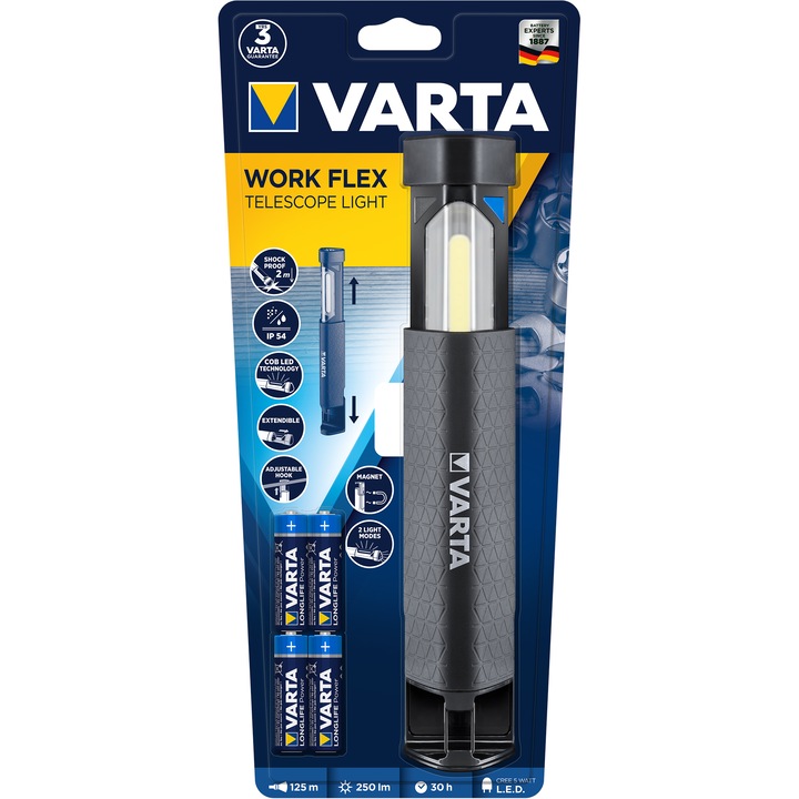 Фенер LED Varta Work Flex Telescope Light, 250 лумена, 2 режима на работа, Кука и магнит за закрепване, IP54