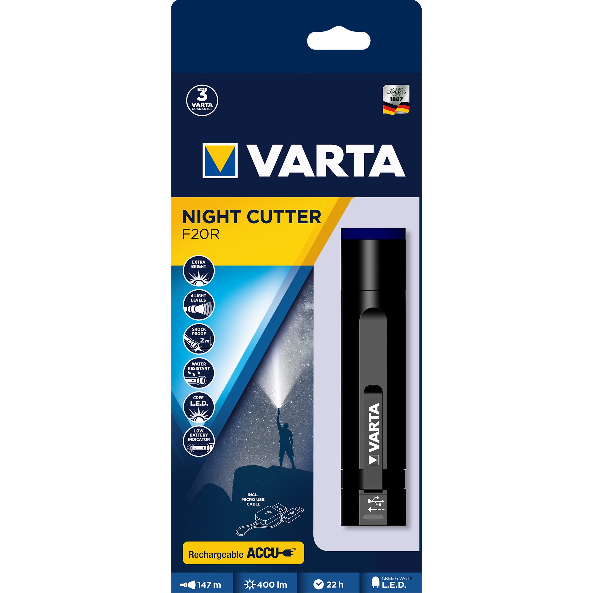 Фенер LED Varta Night IPX4, USB, Cutter Презареждащ, 400 лумена, mAh, F20R, 2600 Li-Ion Алуминий