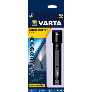 Lanterna LED reincarcabila Varta Night Cutter F30R, 700 lm, USB, Li-Ion 2600 mAh, IPX4, Aluminiu Lanterna LED reincarcabila Varta Night Cutter F30R, 700 lm, USB, Li-Ion 2600 mAh, IPX4, Aluminiu