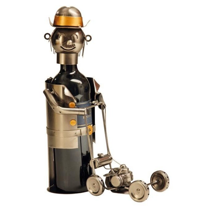 Suport Sticla de Vin, model Gradinar cu Masina de Tuns iarba, metal lucios, H 21cm