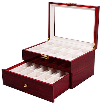 Cutie caseta din lemn pentru depozitare si organizare 20 ceasuri, model Pufo Premium etajat cu sertar Cutie caseta din lemn pentru depozitare si organizare 20 ceasuri, model Pufo Premium etajat cu sertar