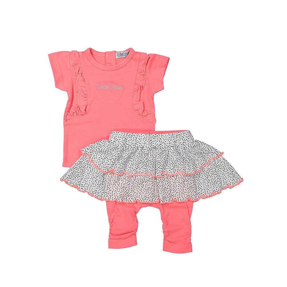 Set 3 piese bebelusi, tricou, fustita cu buline si colanti, Dirkje, roz