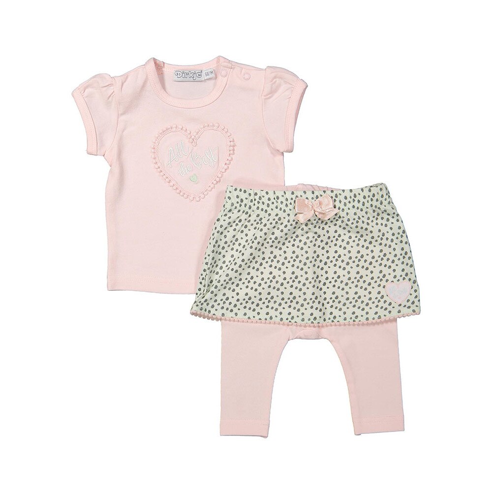 Set 3 piese bebelusi, tricou, fusta si colanti, Dirkje, imprimeu inimioare, roz