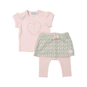 Set 3 piese bebelusi, tricou, fusta si colanti, Dirkje, imprimeu inimioare, roz Set 3 piese bebelusi, tricou, fusta si colanti, Dirkje, imprimeu inimioare, roz