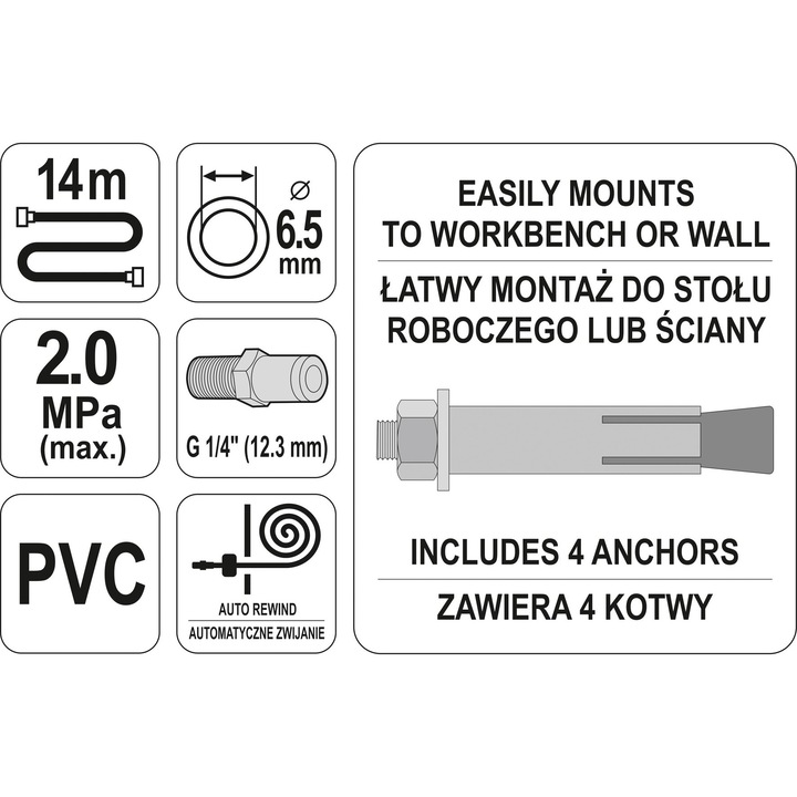 YATO sűrített levegő tömlő, 6,5 mm, 1/4 ", 14 m, 20 bar
