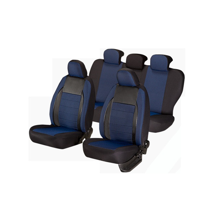 Калъфи за автомобилни седалки, Elegance Edition, Екологична кожа+текстил, 11 части, Черно/Синьо
