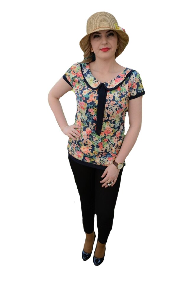 Bluza cu maneca scurta si imprimeu floral multicolor,guler rotunjit,D&J Exclussive, Multicolor
