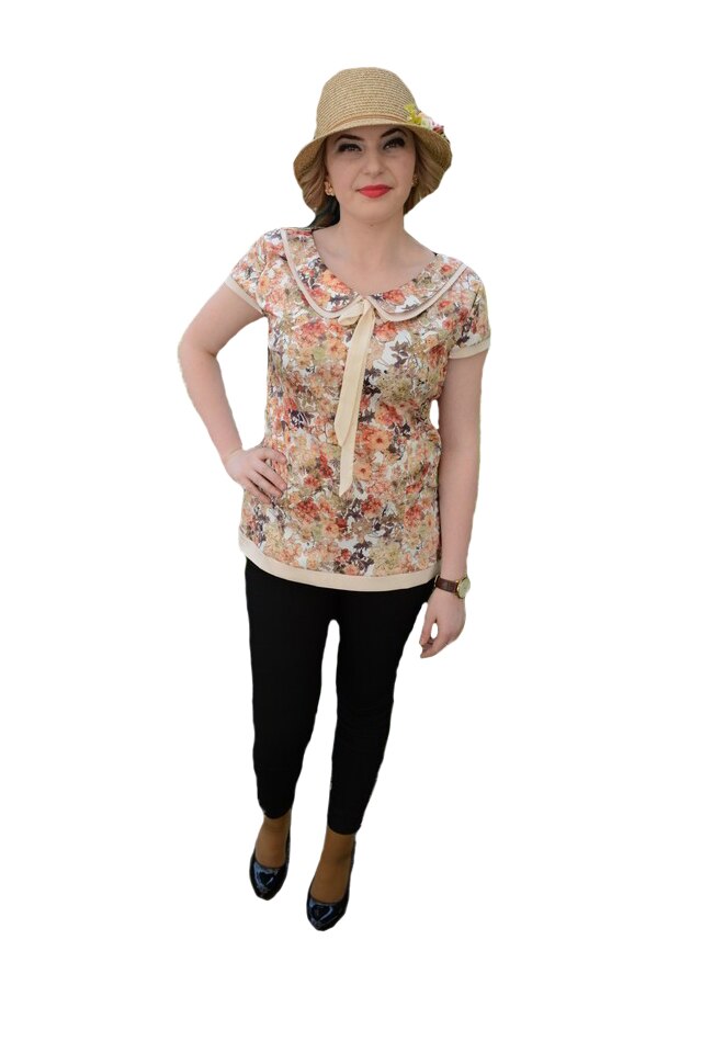 Bluza cu maneca scurta si imprimeu floral multicolor,guler rotunjit,D&J Exclussive, Bej
