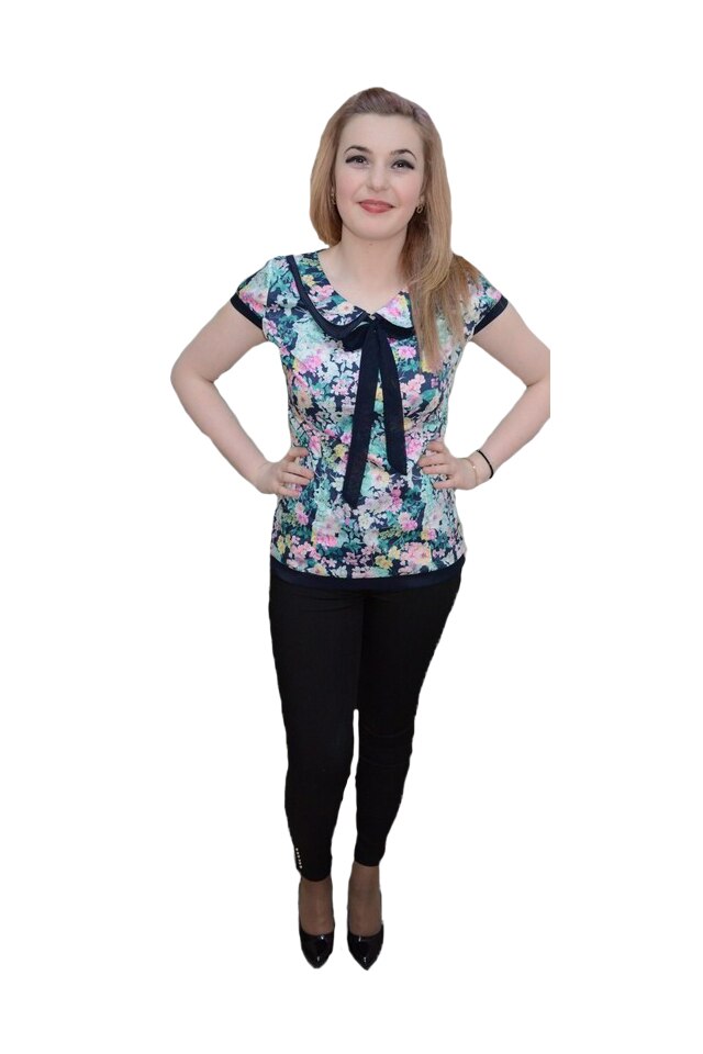 Bluza cu maneca scurta si imprimeu floral multicolor,guler rotunjit,D&J Exclussive, Bleu/Negru