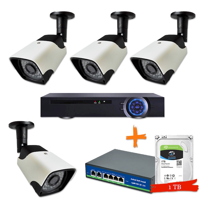 Комплект за видеонаблюдение, Дианид, 4 PoE Full HD IP камери, NVR, HDD 1 TB, PoE суич