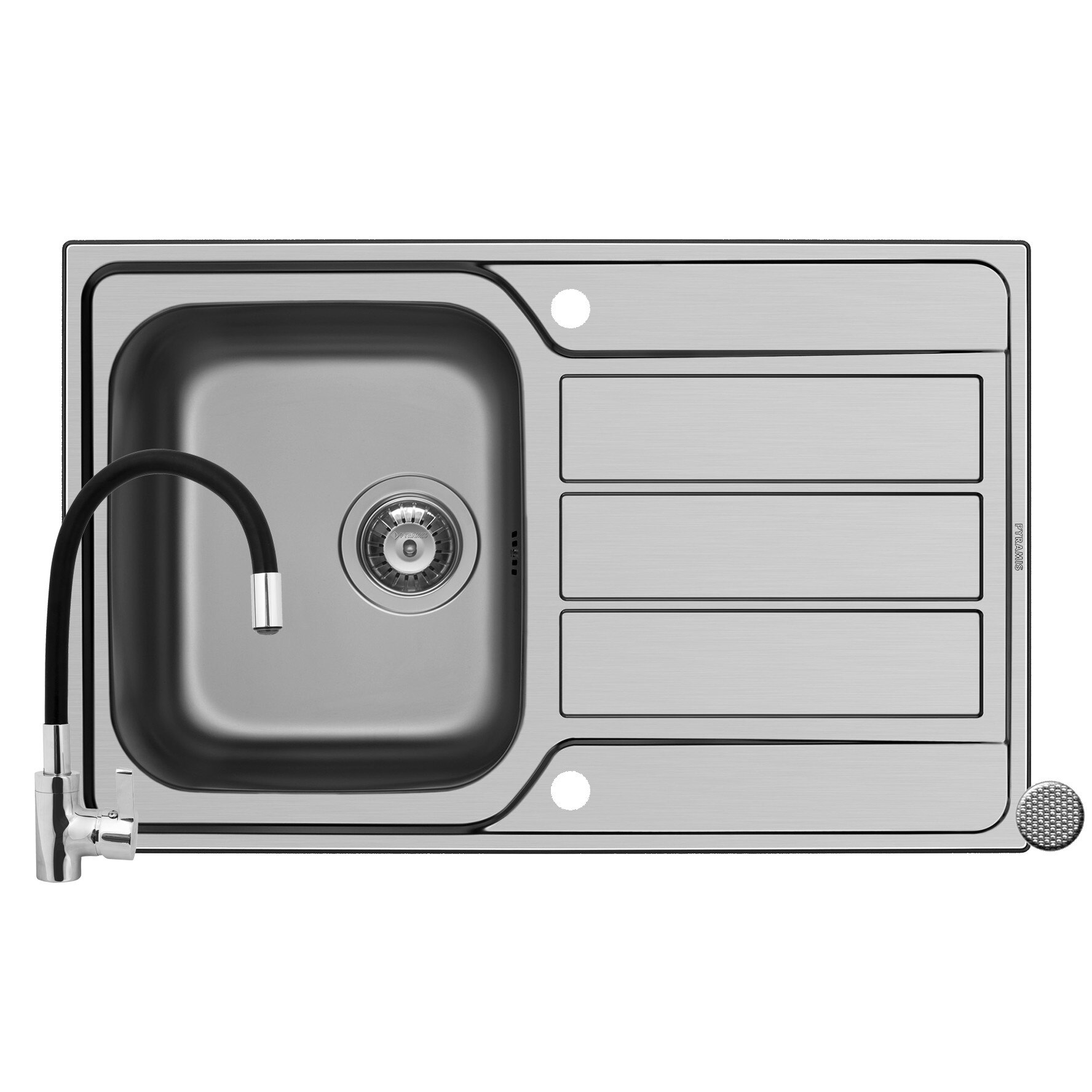 Set Pyramis chiuveta ATHENA si baterie FLESSI, 790x500mm, adancime 180mm, reverisibila, pipa flexibila, finisaj inox antizgariere, negru si crom