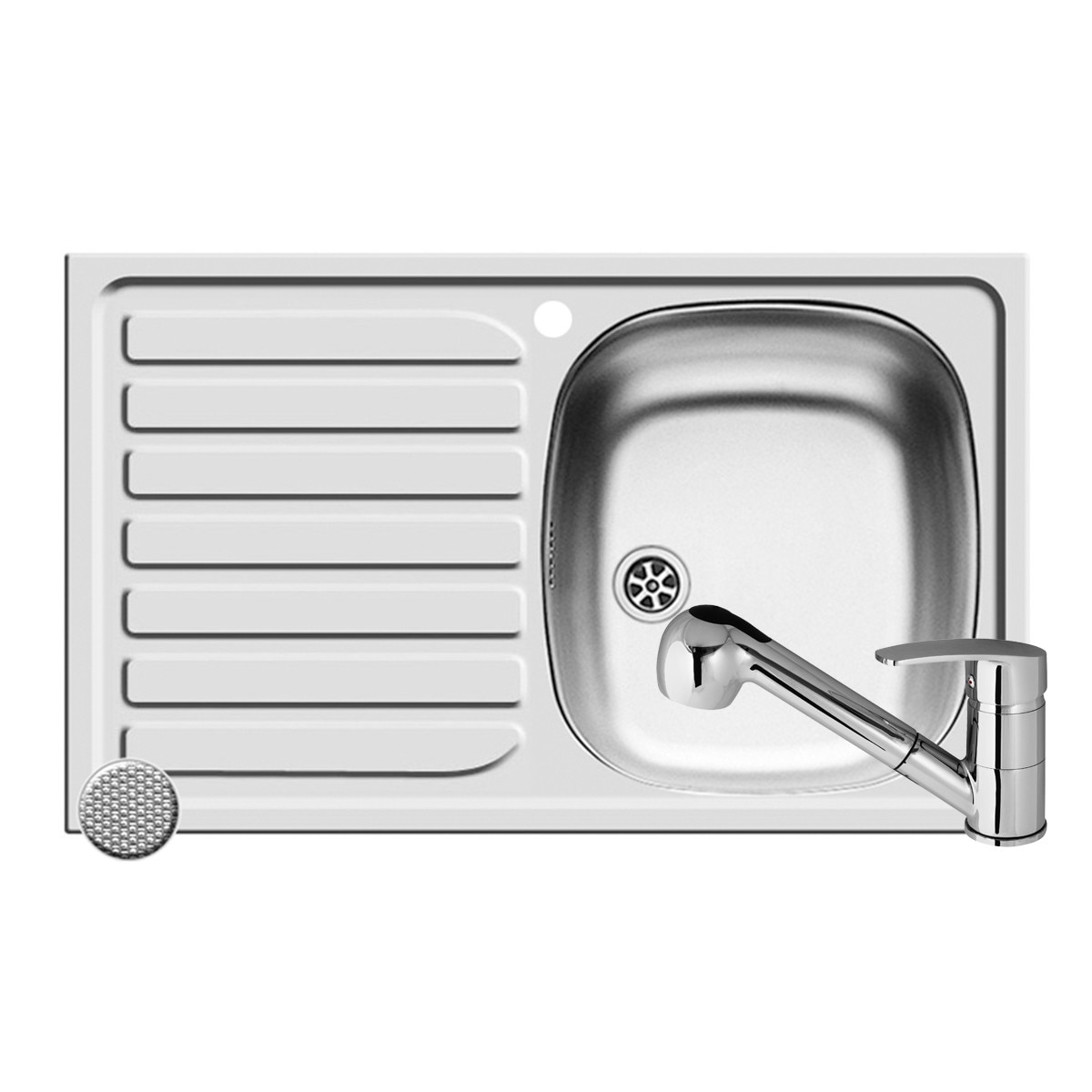 Set Pyramis chiuveta Creta FLAT si baterie FIDO, 755x480mm, adancime 150mm, cuva dreapta, cap extractabil, finisaj inox antizgariere si crom