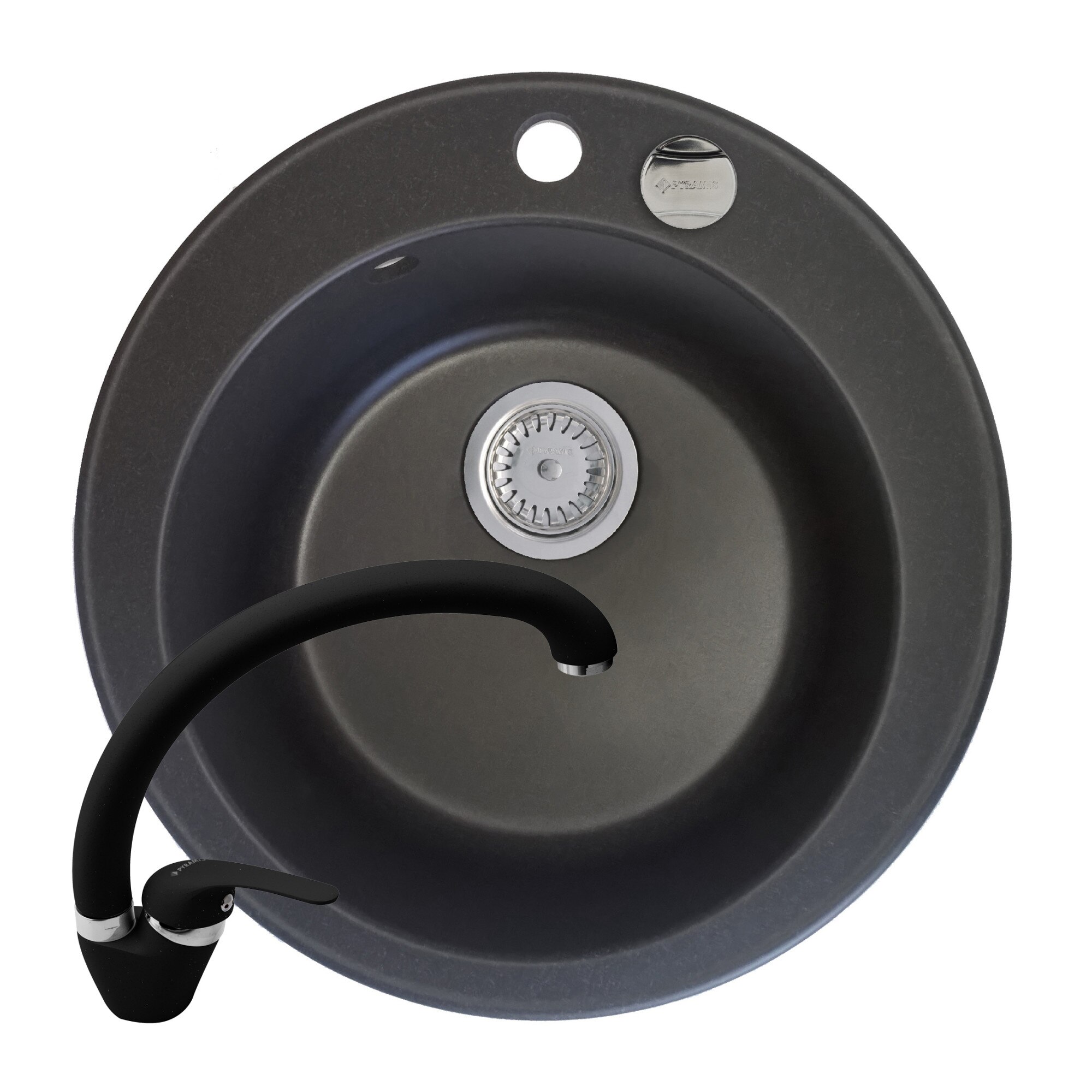 Set Pyramis chiuveta ALYA si baterie OSSIA, dimensiune Ø490mm, adancime 170mm, pipa inalta, finisaj Pyragranite carbon