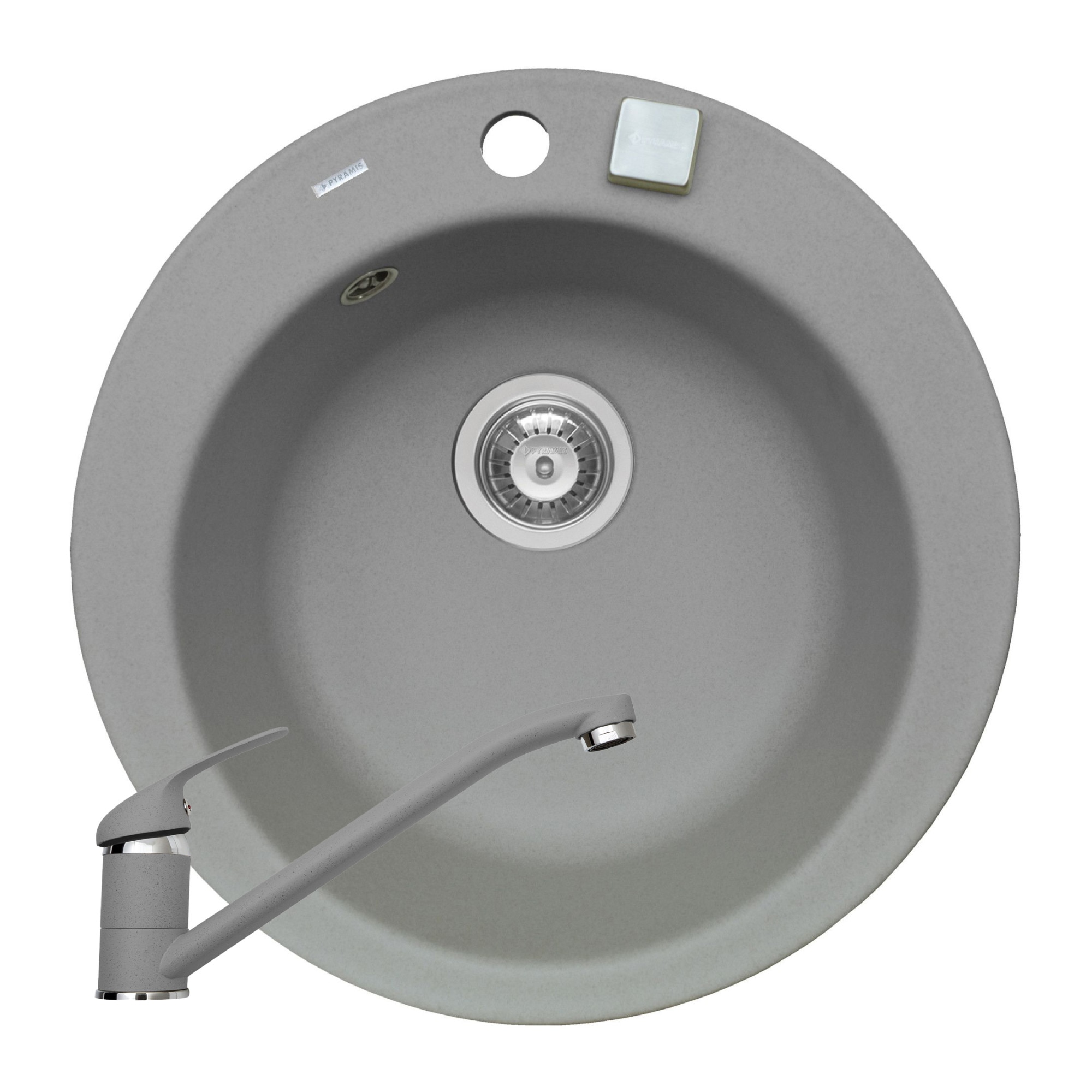 Set Pyramis chiuveta ALYA si baterie ASALIA, dimensiune Ø490mm, adancime 170mm, pipa lunga, finisaj Pyragranite gri