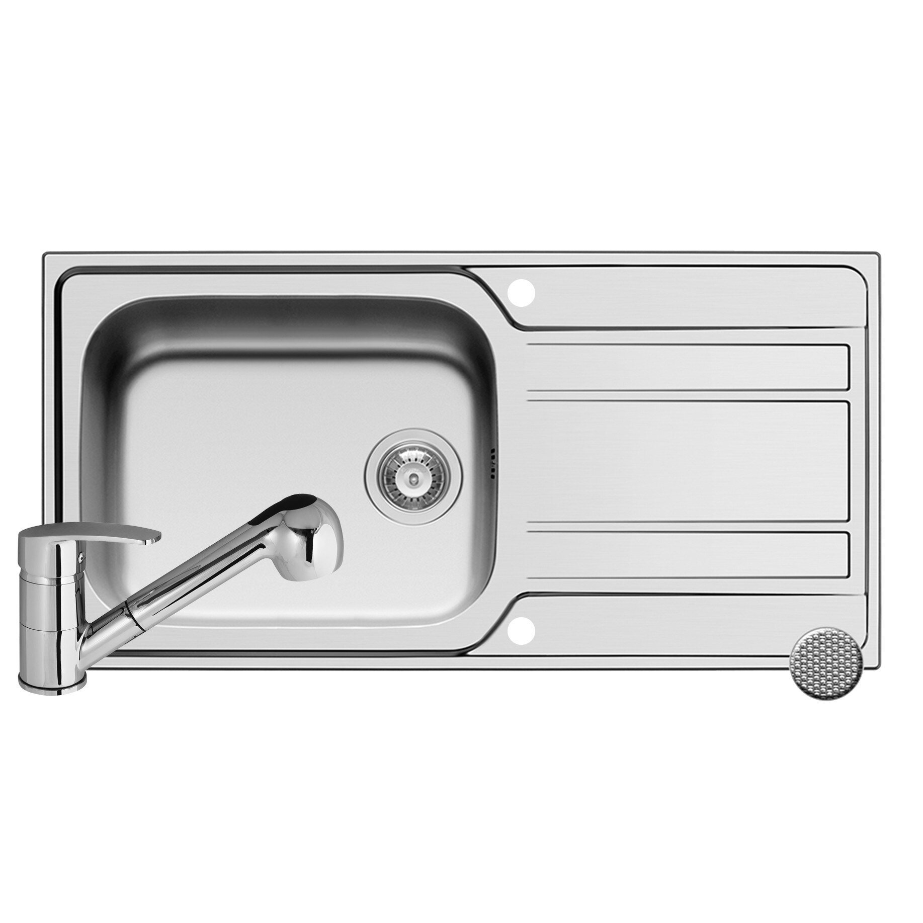 Set Pyramis chiuveta ZEDA EXTRA si baterie FIDO, 1 cuva 1 picurator, 1000x500mm, adancime 200mm, reversibila, cap extractabil, finisaj inox antizgariere si crom