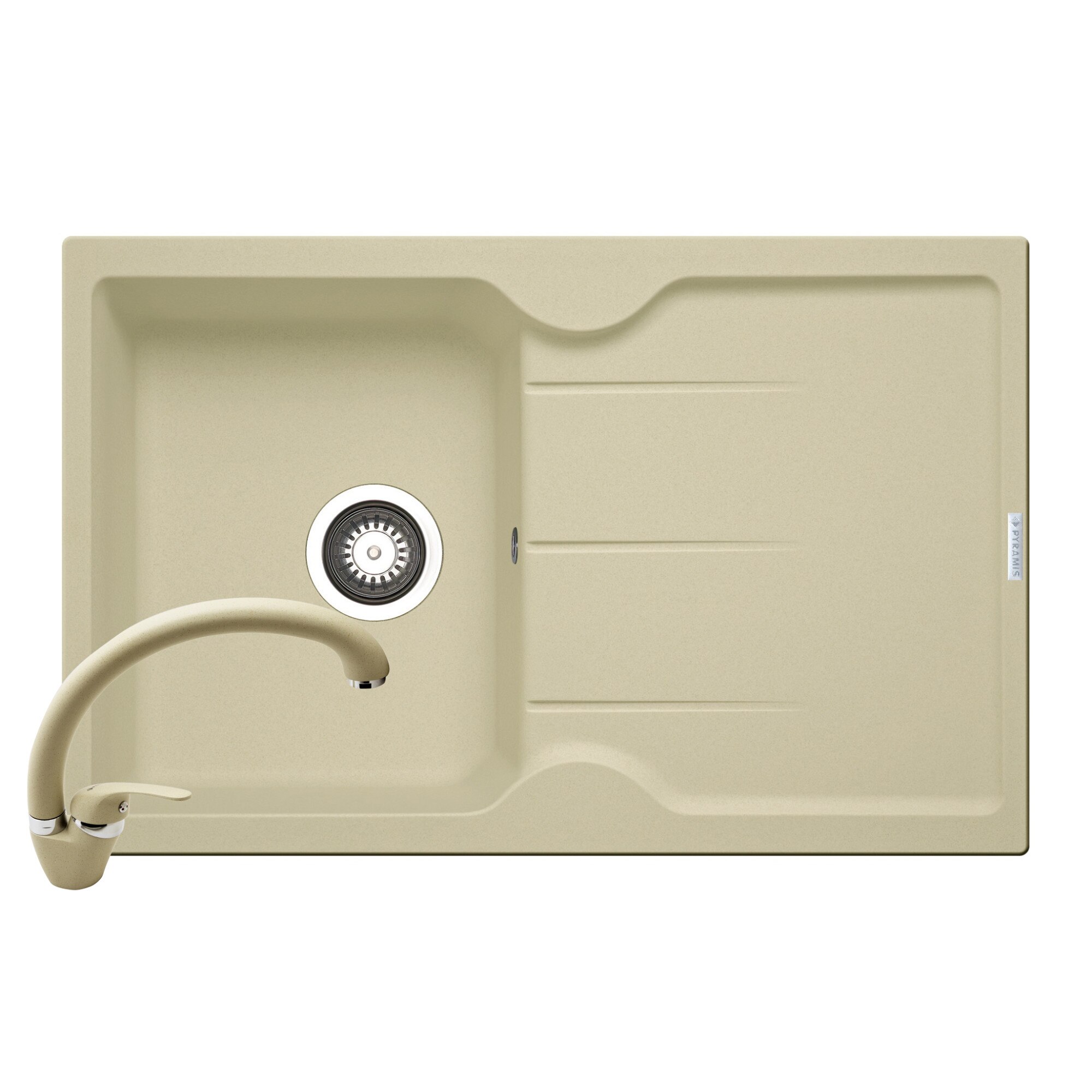 Set Pyramis chiuveta PORTOS si baterie OSSIA, dimensiune 780x500mm, reversibila, adancime 175mm, pipa inalta, finisaj Pyragranite crem