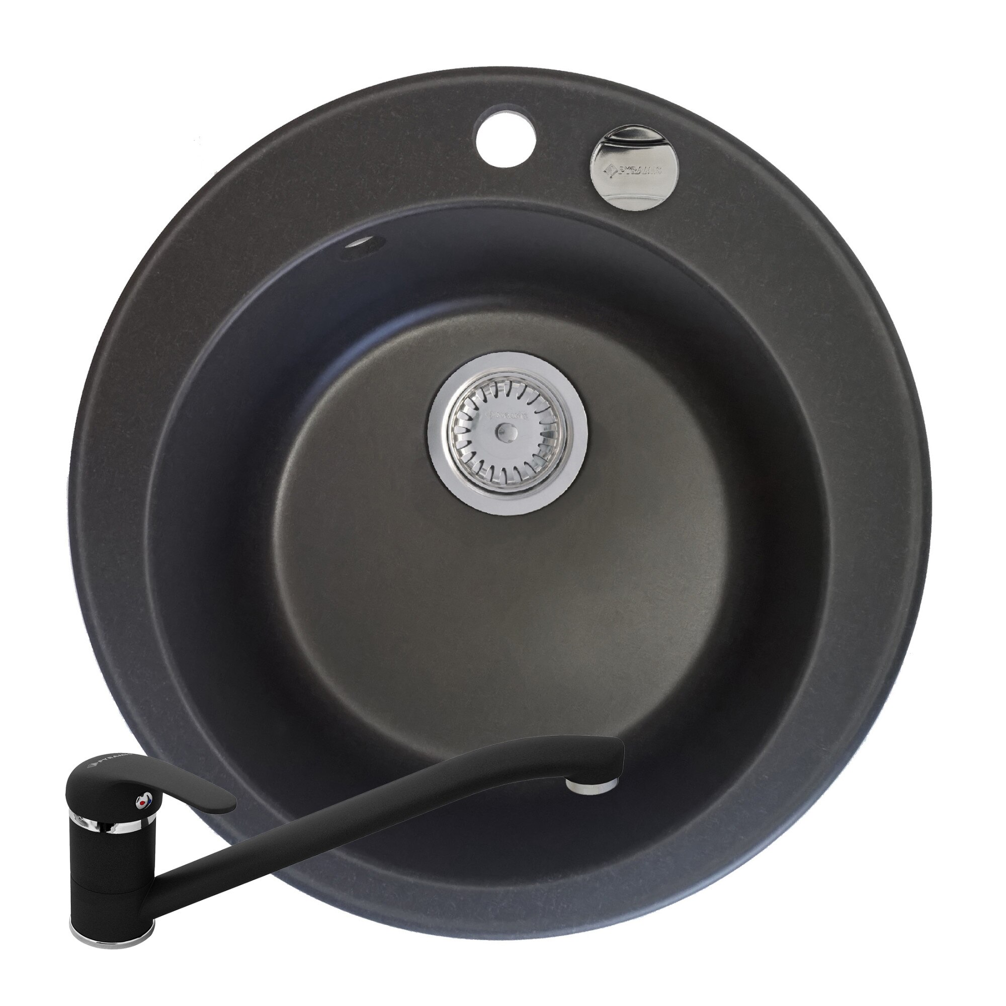 Set Pyramis chiuveta ALYA si baterie ASALIA, dimensiune Ø490mm, adancime 170mm, pipa lunga, finisaj Pyragranite carbon